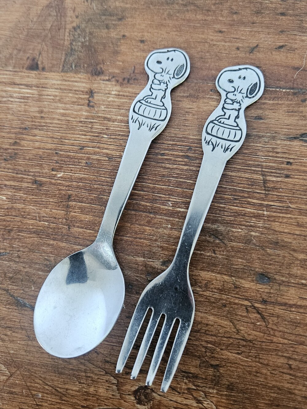 Vintage Danara Snoopy And Woodstock Fork And Spoon Childs Cutlery Set Silverware